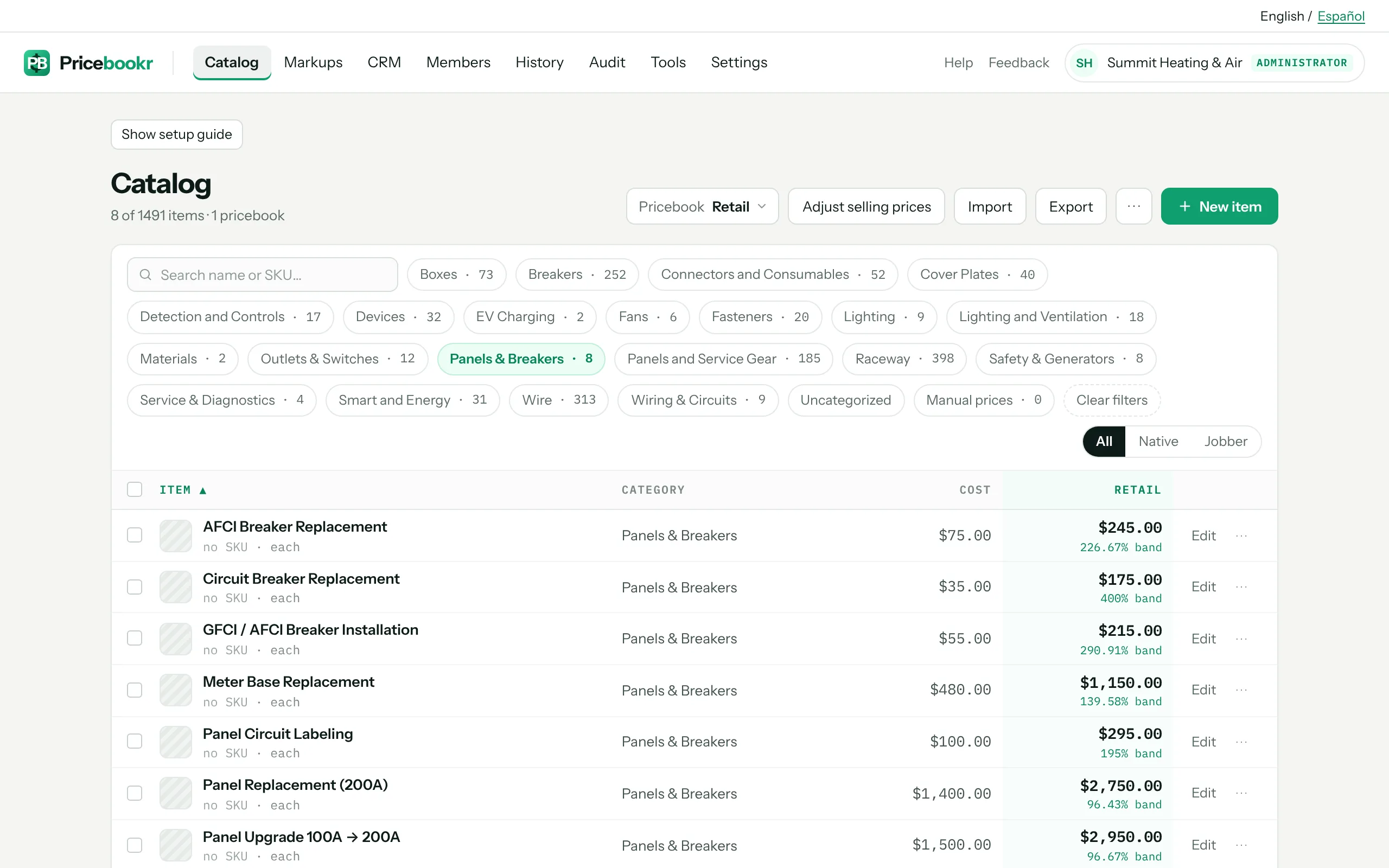 A Pricebookr catalog after loading the Electrical starter list