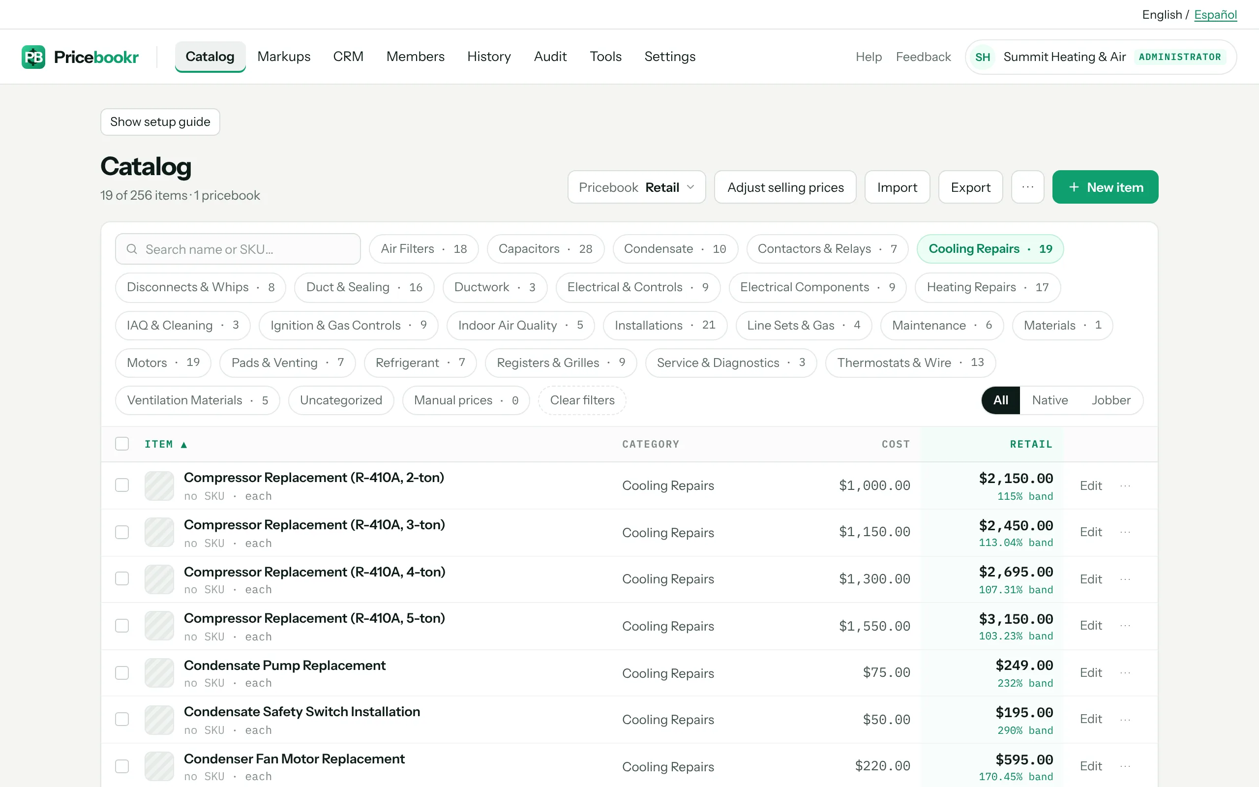 A Pricebookr catalog after loading the HVAC starter list