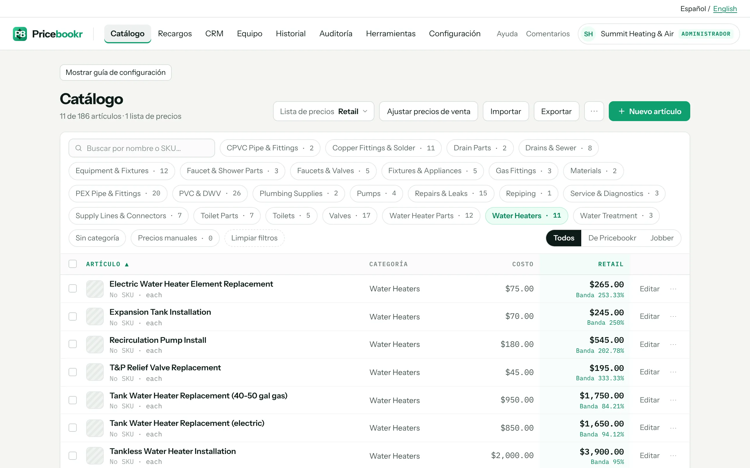 Un catálogo de Pricebookr después de cargar la lista inicial de plomería