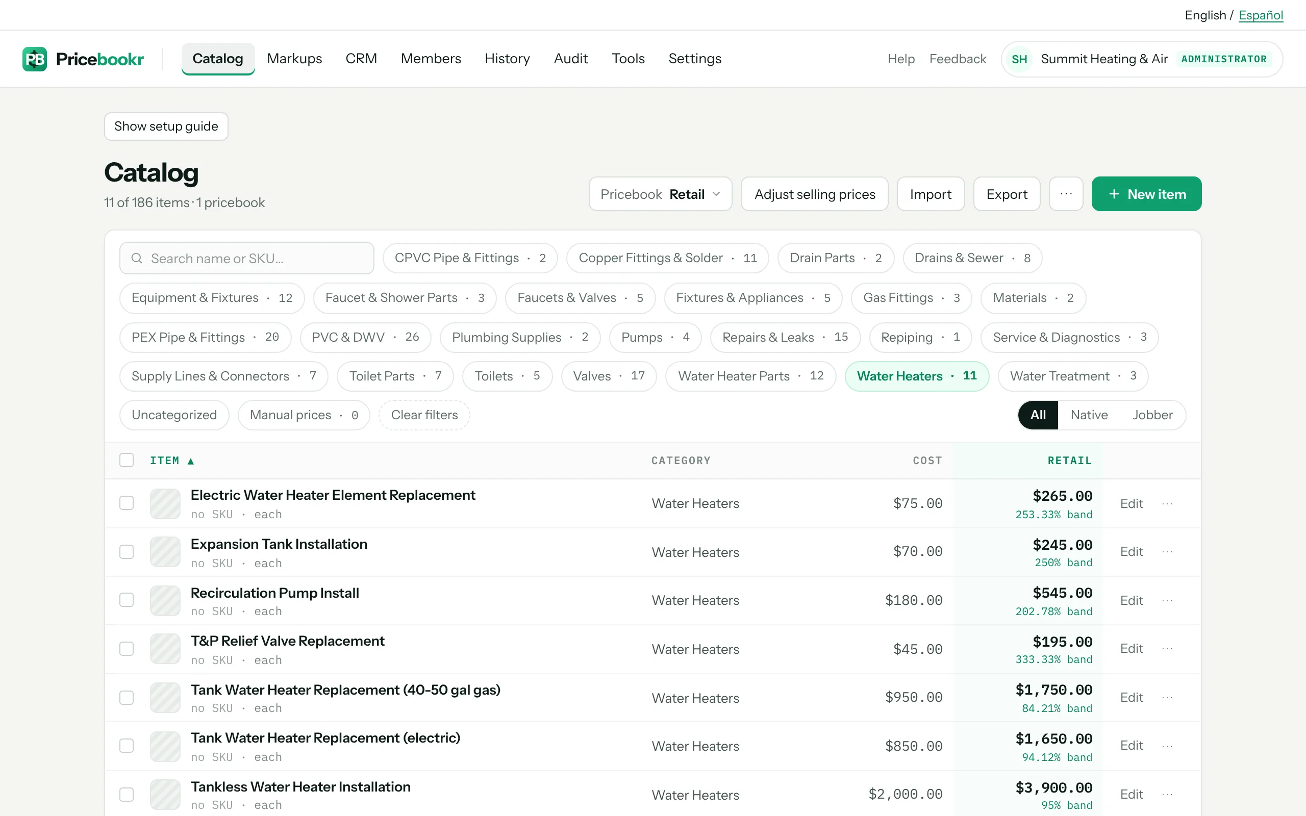 A Pricebookr catalog after loading the Plumbing starter list