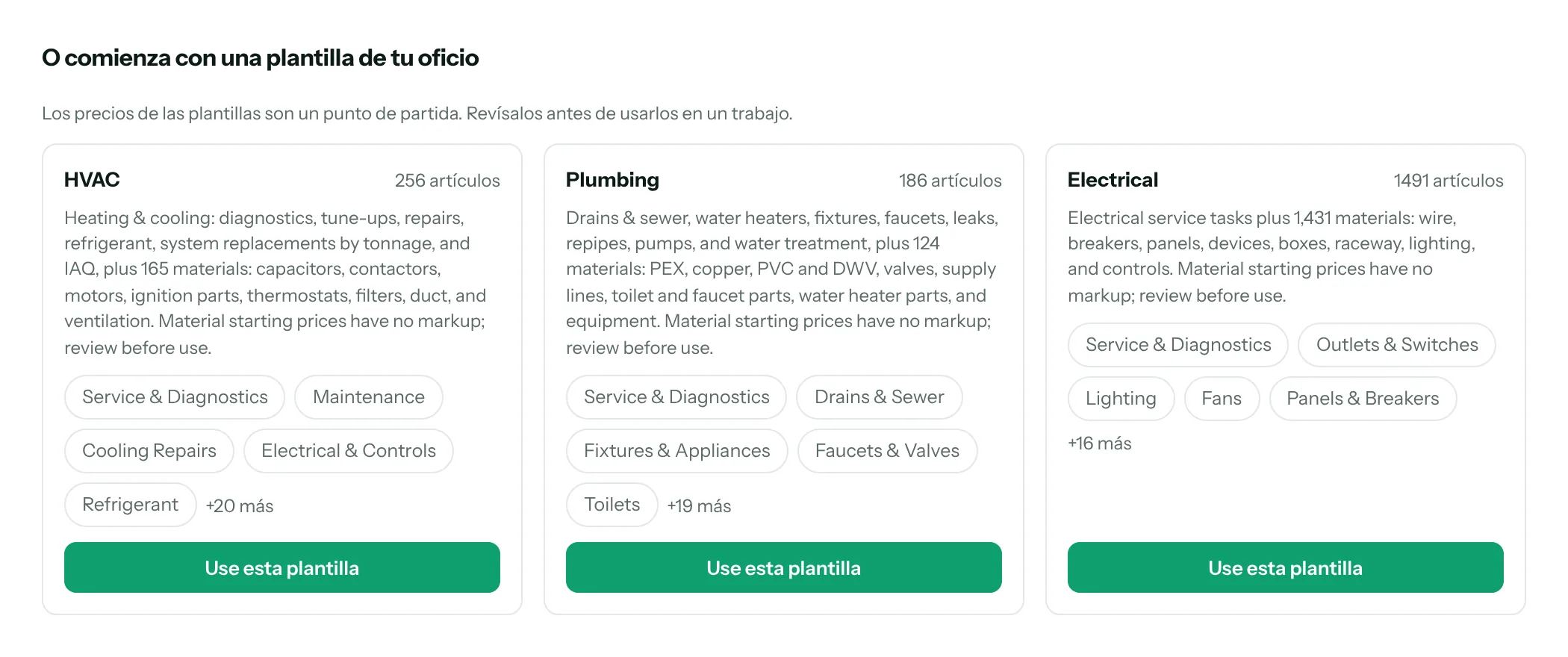 Selector de plantillas iniciales de Pricebookr con las listas de HVAC, plomería y electricidad y su número de artículos