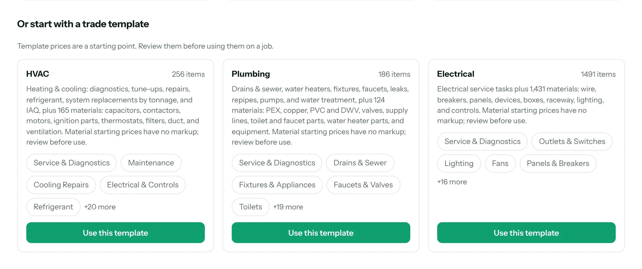 Pricebookr's starter template picker showing the HVAC, Plumbing, and Electrical lists with item counts