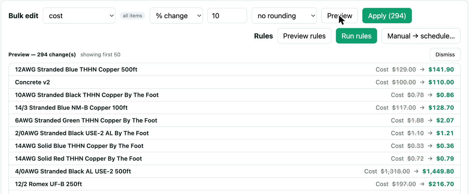 A bulk cost edit previewed: the header reads Preview — 294 changes, each row shows the old cost struck through and the new cost beside it, and the Apply button now reads Apply (294).