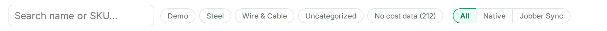 The catalog filter row: a search box, one chip per category, a No cost data chip with a count, and a three-way switch reading All, Native, Jobber Sync.