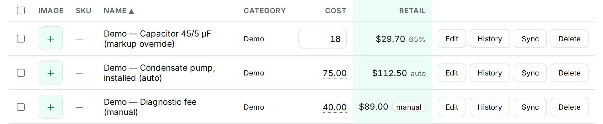 Three catalog rows, one for each pricing mode: a $29.70 price with a 65% badge, a $112.50 price with an auto badge, and an $89.00 price with a manual badge. The two rows with a split cost show it with a dotted underline.