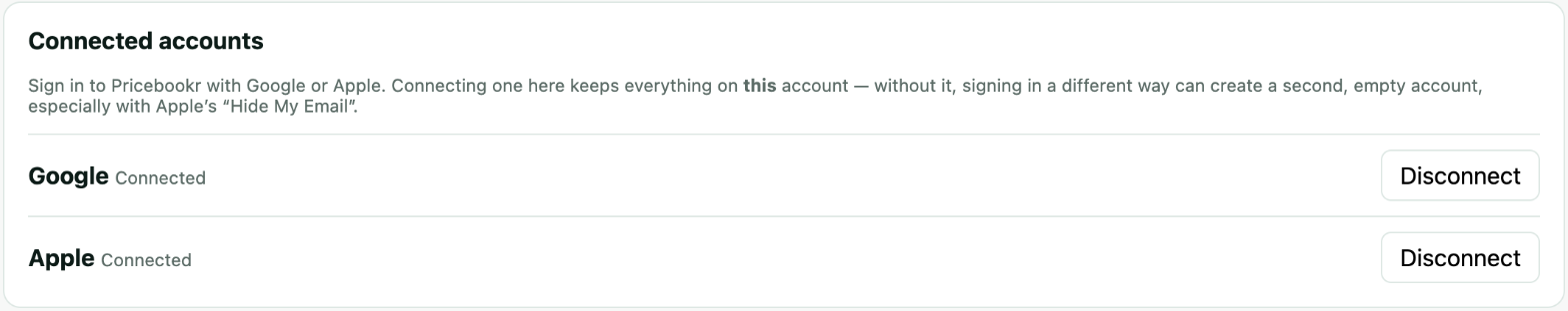 The Connected accounts card in Settings, listing Google and Apple with a Connected status and a Disconnect button for each.